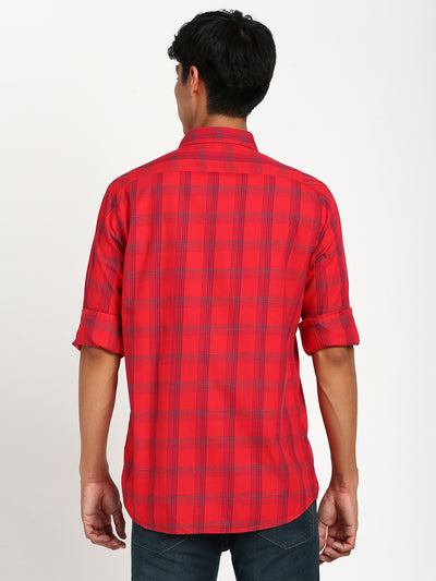 100% Cotton Red Checkered Slim Fit Full Sleeve Casual Shirt