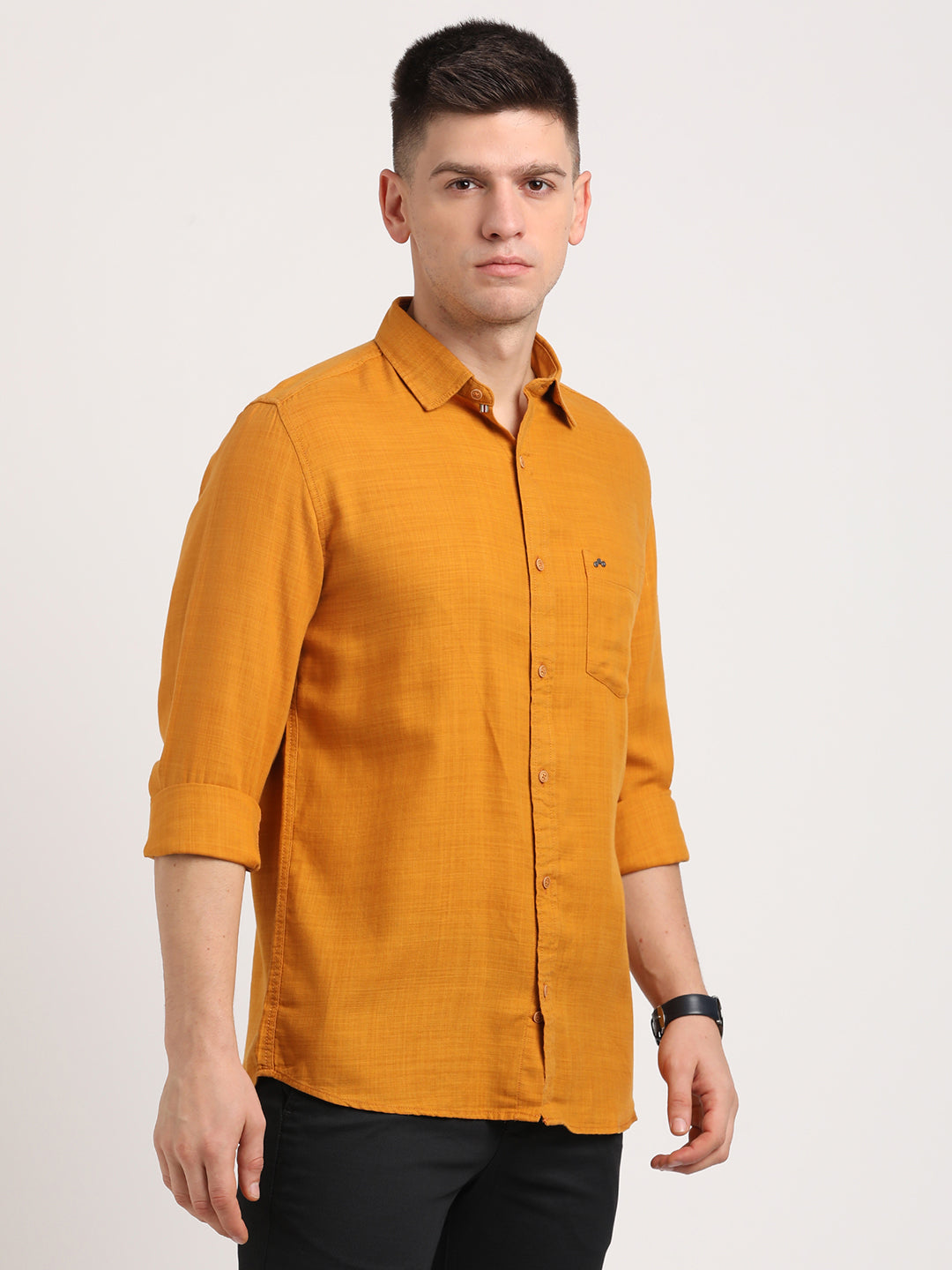 Cotton Lyocell Mustard Plain Slim Fit Full Sleeve Casual Shirt