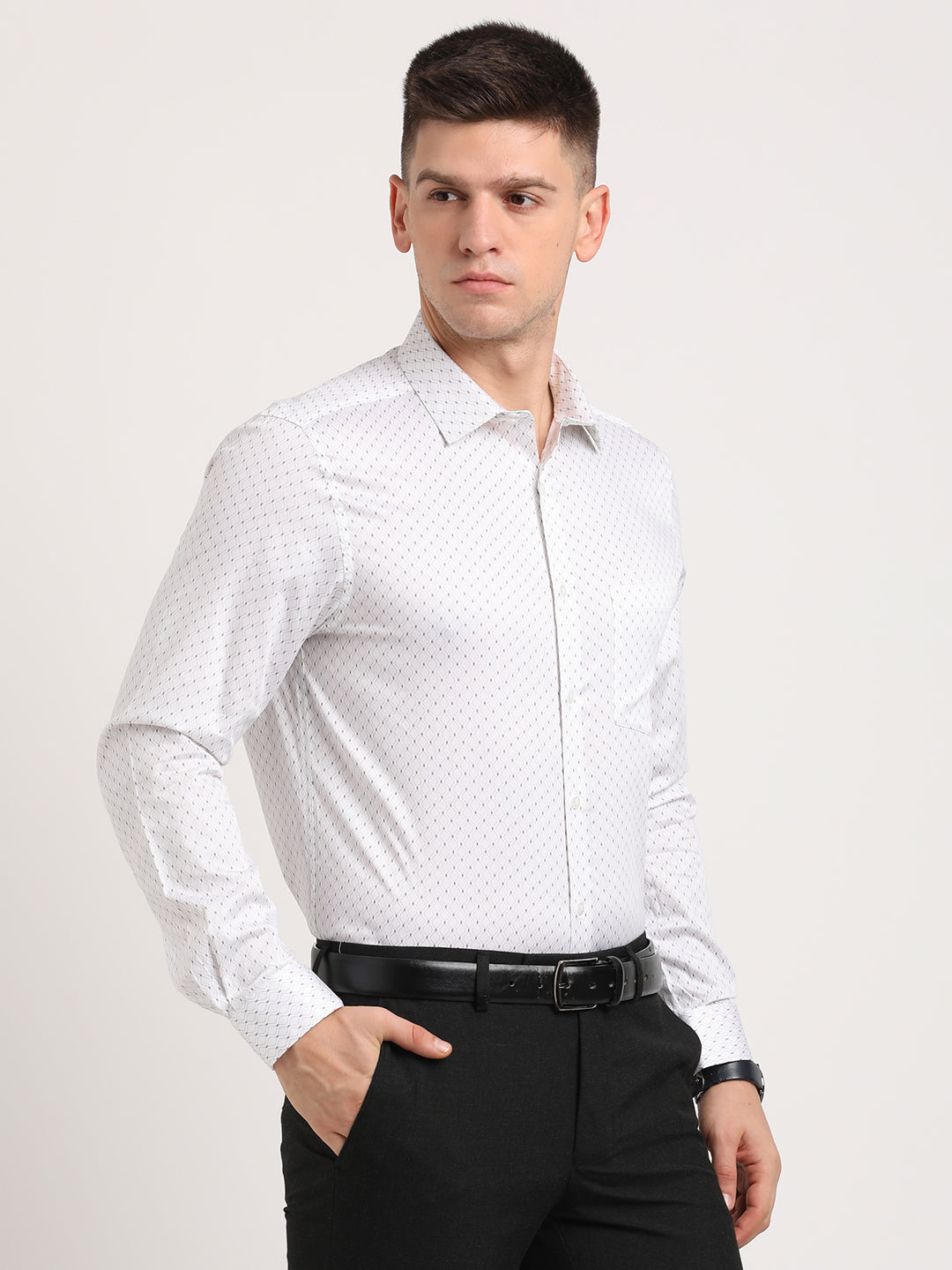 100% Cotton White Printed Slim Fit Full Sleeve Formal Shirt