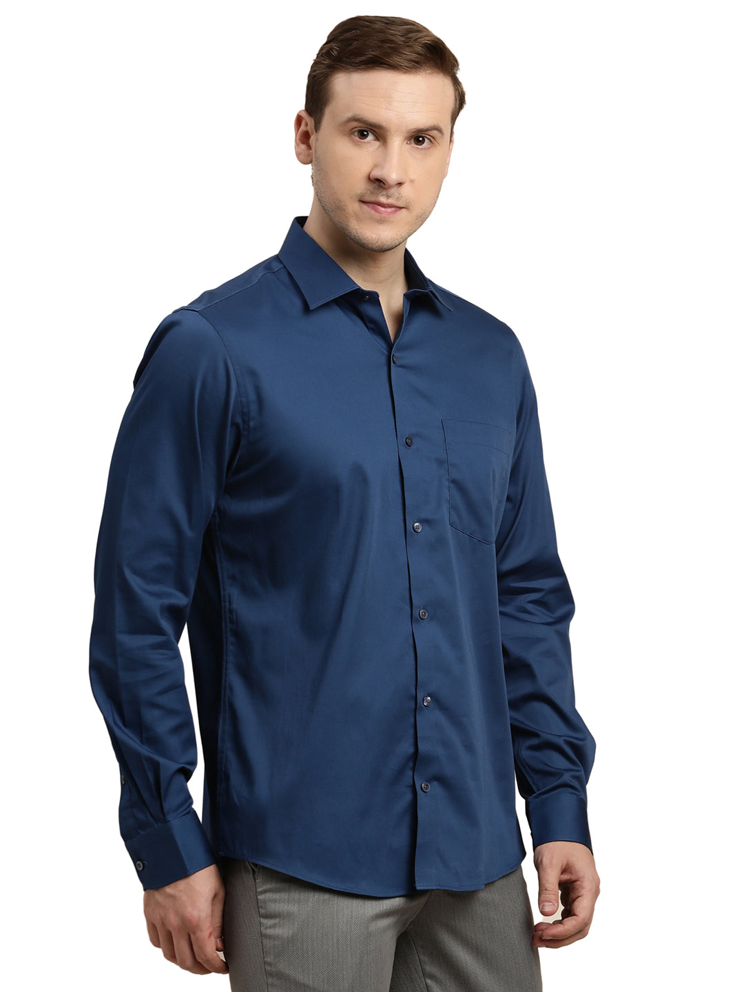 100% Cotton Navy Blue Plain Slim Fit Full Sleeve Formal Shirt