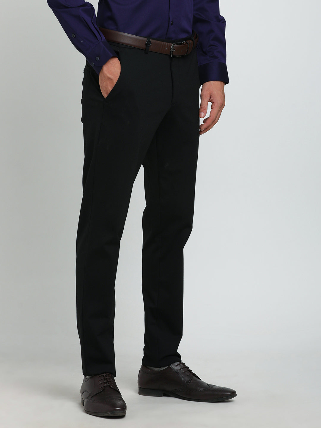 Cotton Black Plain Slim Fit Flat Front Ceremonial Trouser