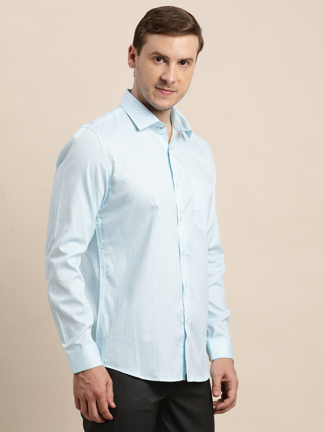 100% Cotton Light Blue Printed Slim Fit Full Sleeve Formal Shirt