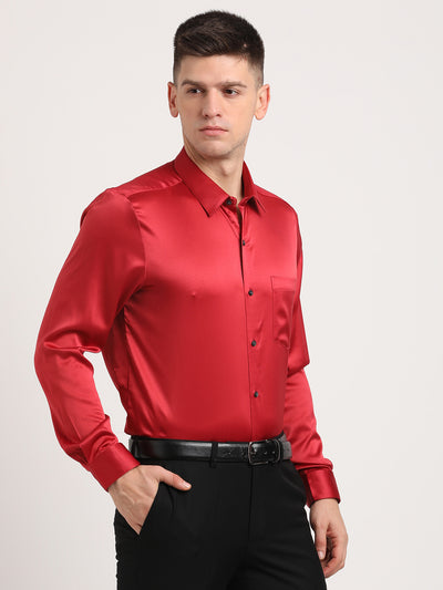 Poly Satin Red Plain Slim Fit Full Sleeve Ceremonial Shirt