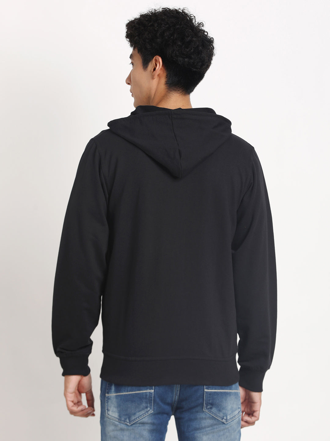 Essential Poly Cotton Black Plain Regular Fit Full Sleeve Casual Hooded Sweatshirt