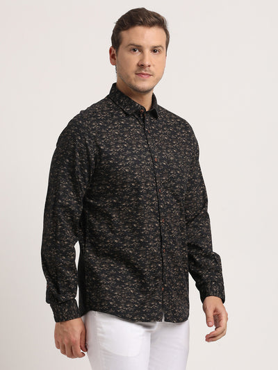 Cotton Linen Black Printed Slim Fit Full Sleeve Casual Shirt