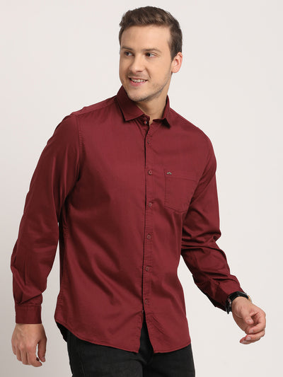 Cotton Stretch Maroon Plain Slim Fit Full Sleeve Casual Shirt