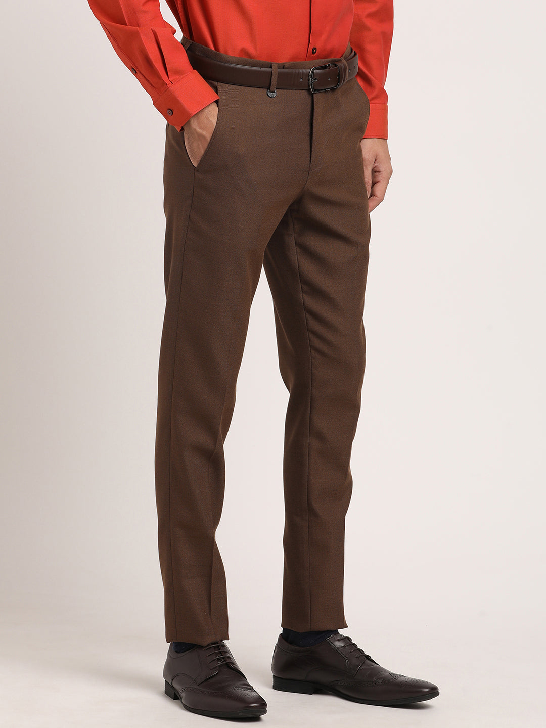 Poly Viscose Brown Dobby Ultra Slim Fit Flat Front Formal Trouser