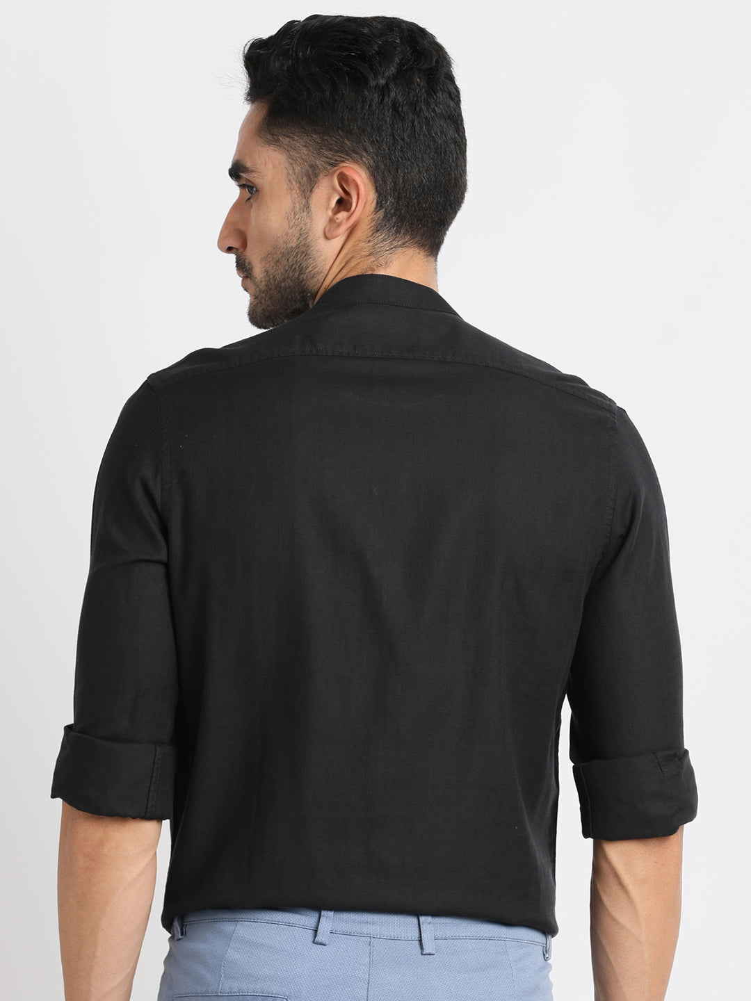 Cotton Lyocell Black Plain Slim Fit Full Sleeve Casual Shirt