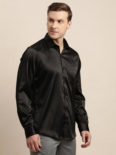 Poly Satin Black Plain Slim Fit Full Sleeve Ceremonial Shirt