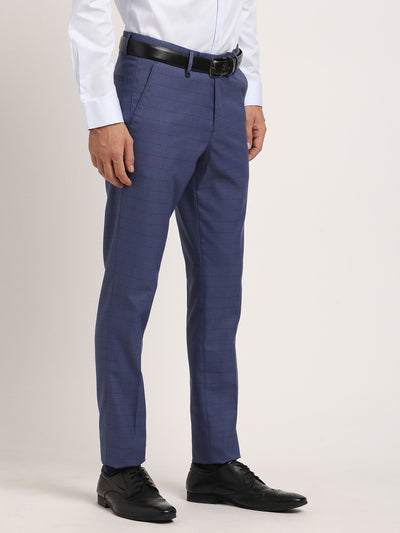 Poly Viscose Blue Checkered Ultra Slim Fit Flat Front Formal Trouser