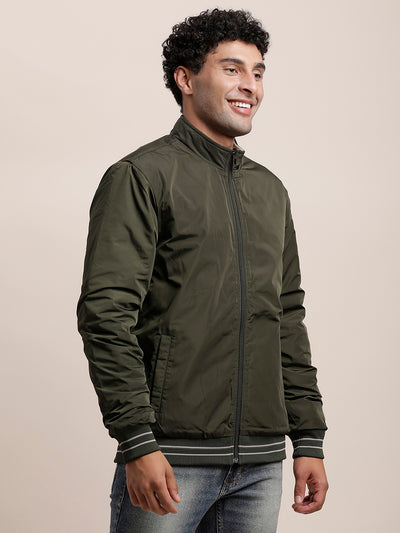 Knitted Solid Green & Grey Zipper Reversible Windcheater Jacket