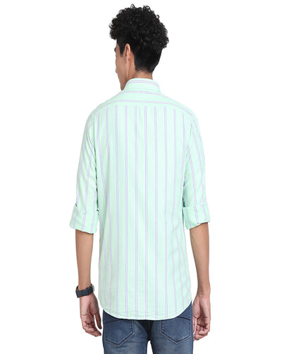 100% Cotton Light Green Striped Slim Fit Full Sleeve Casual Shirt