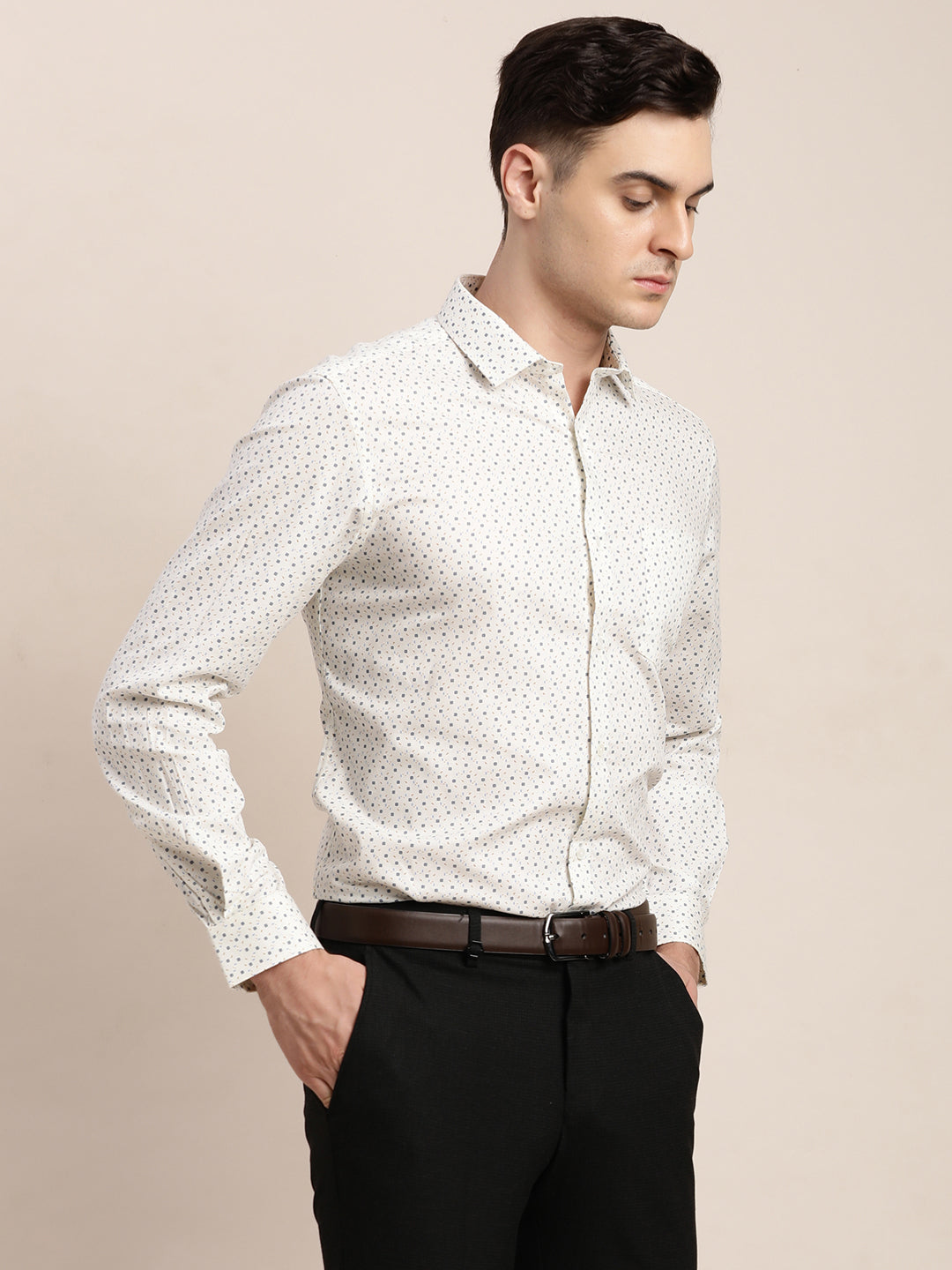 100% Cotton Cream Printed Regular Fit Full Sleeve Formal Shirt