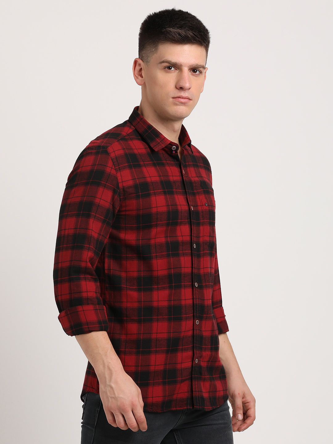 Cotton Lyocell Red Checkered Slim Fit Full Sleeve Casual Shirt