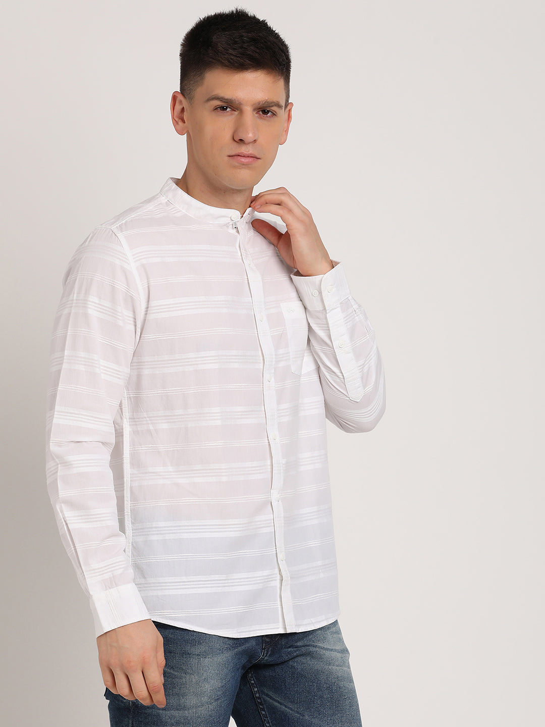 100% Cotton White Striped Slim Fit Mandarin Collar Casual Shirt