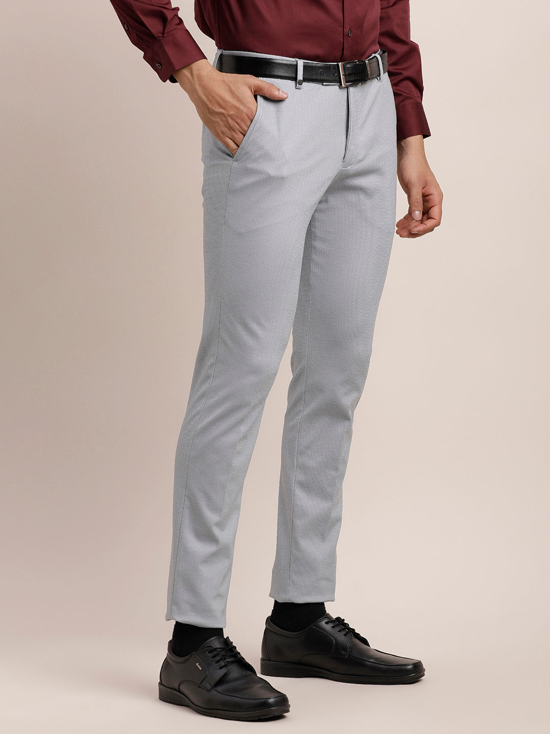 Cotton Stretch Grey Plain Ultra Slim Fit Flat Front Formal Trouser