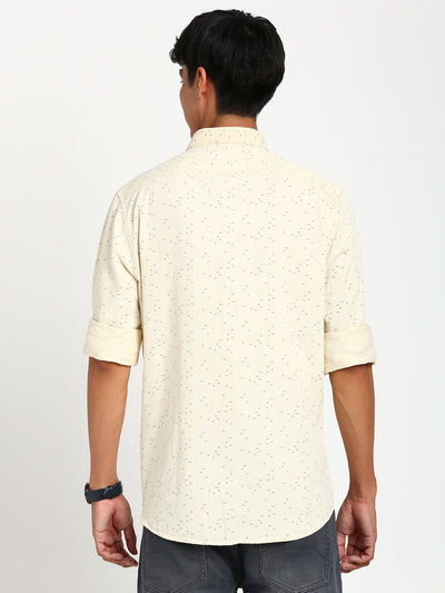 100% Cotton Beige Printed Slim Fit Full Sleeve Casual Shirt