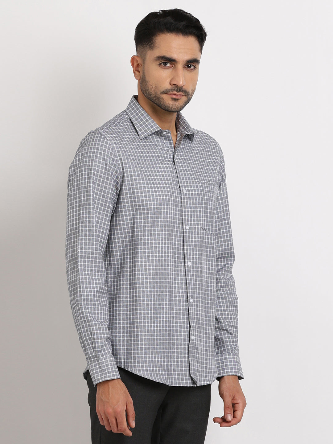 100% Cotton Grey Checkered Slim Fit Full Sleeve Formal Shirt