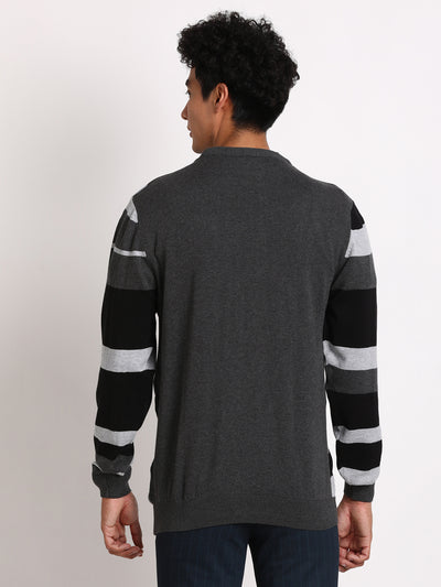 Knitted Charcoal Melange Dobby Regular Fit Full Sleeve Casual Pullover