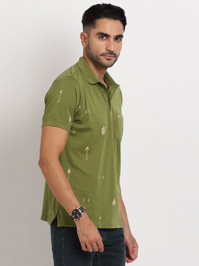 Knitted Green Printed Polo Neck Half Sleeve Casual T-Shirt