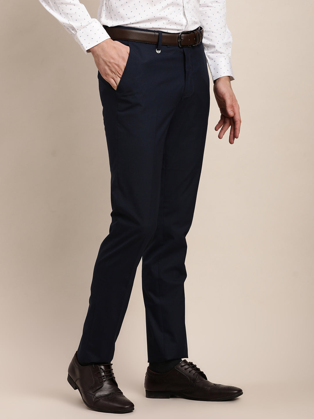 Poly Viscose Navy Checkered Slim Fit Flat Front Formal Trouser