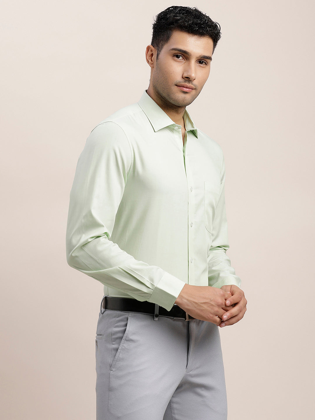 100% Cotton Pista Green Plain Slim Fit Full Sleeve Formal Shirt