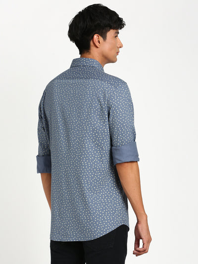 Cotton Tencel Blue Printed Slim Fit Full Sleeve Casual Shirt