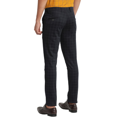 Turtle Men Navy Blue Narrow Fit Checked Casual Trousers
