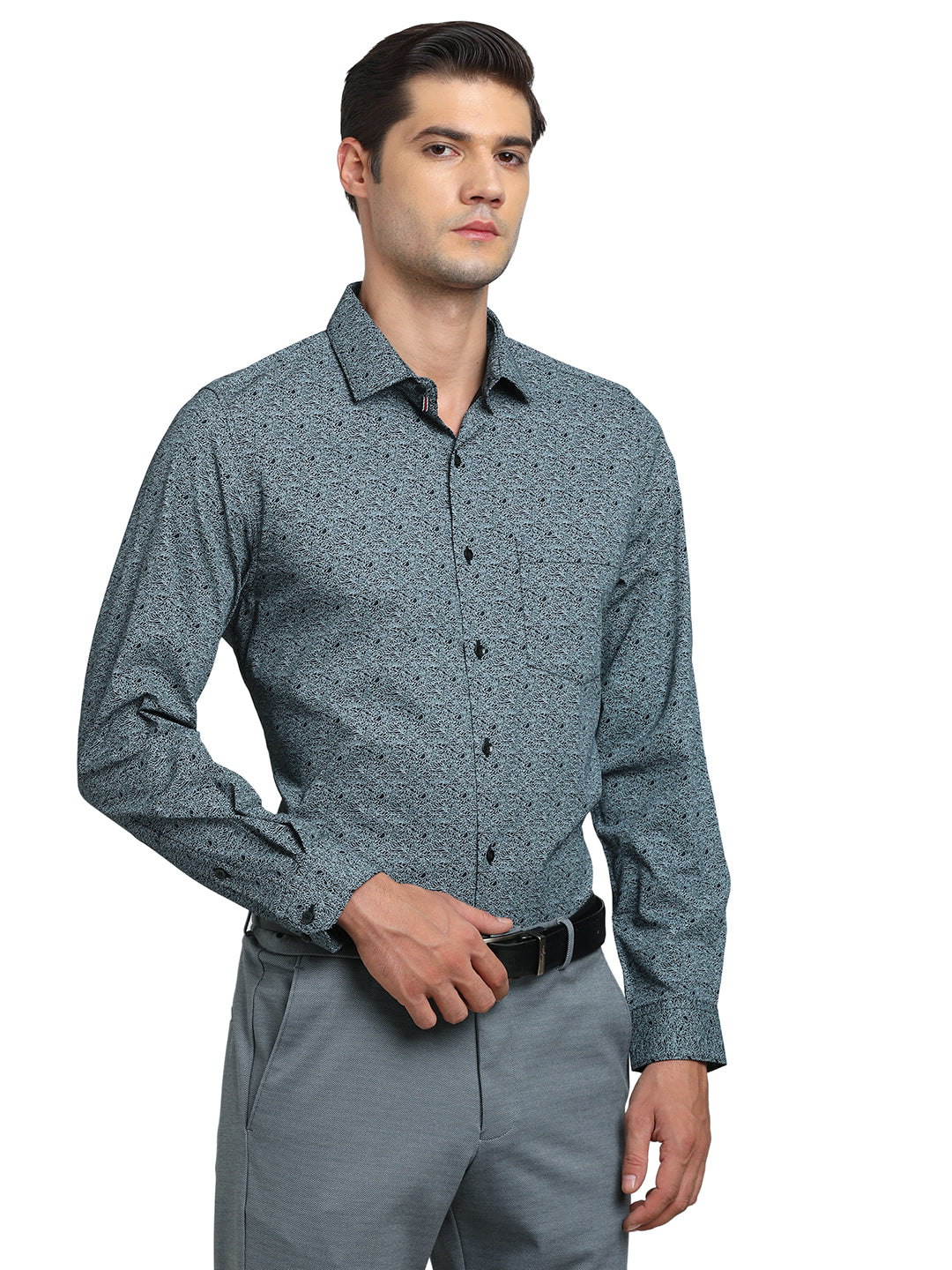 100% Cotton Grey Printed Slim Fit Full Sleeve Formal Shirt