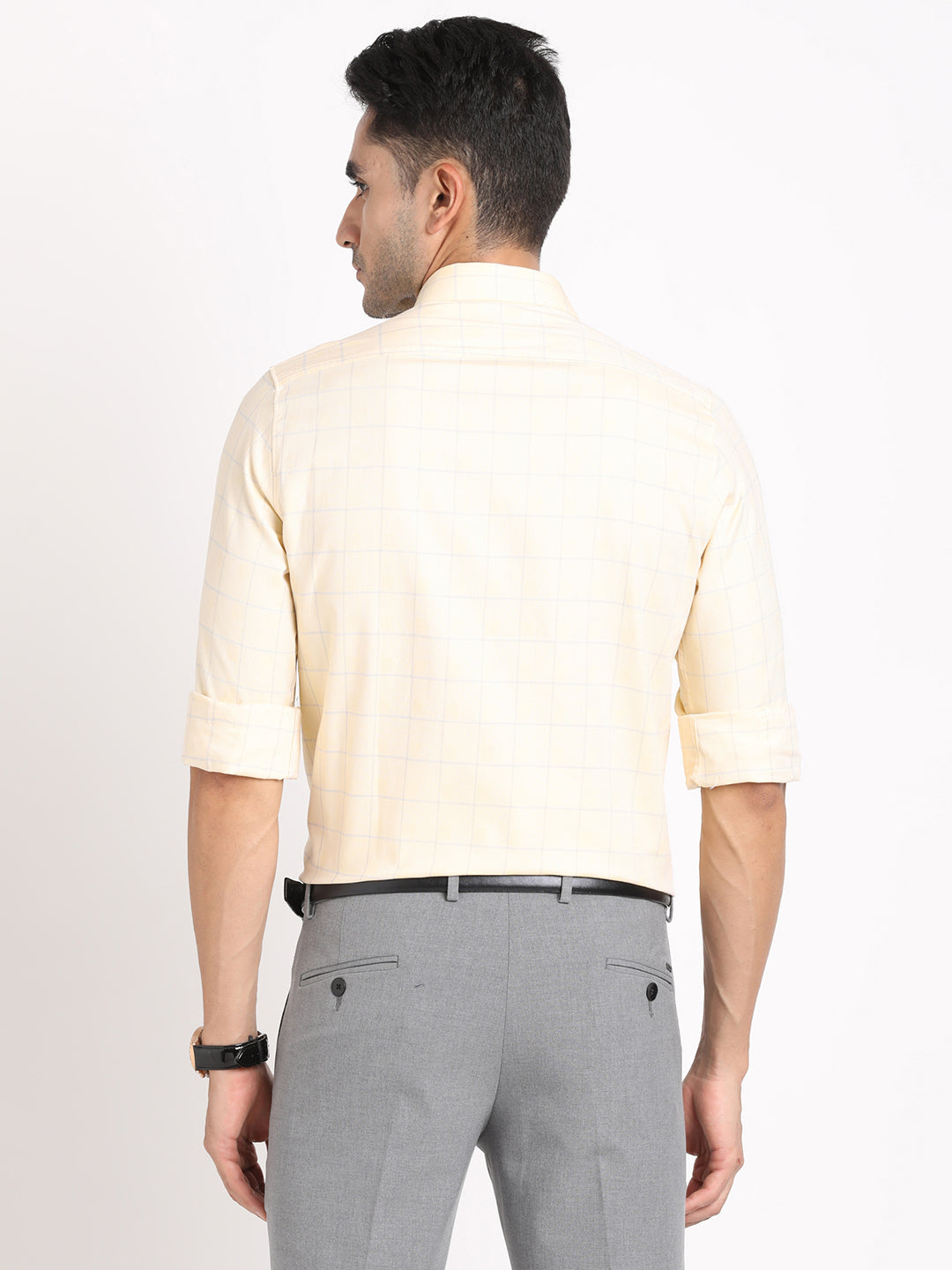 100% Cotton Yellow Checkered Slim Fit Full Sleeve Formal Shirt