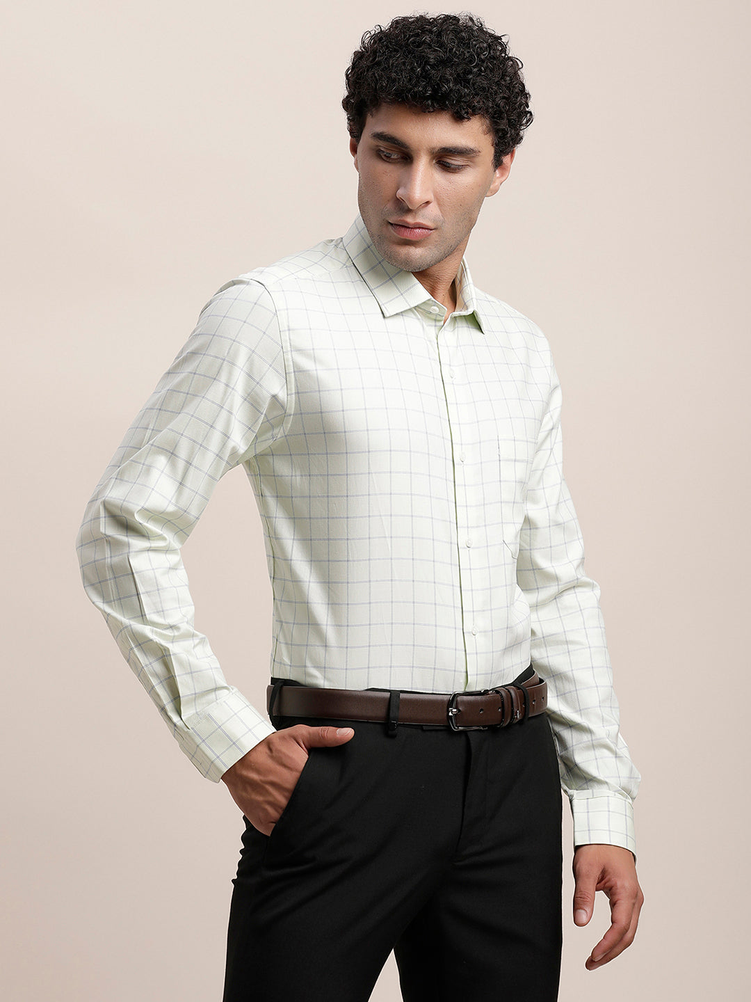 100% Cotton Light Green Checkered Slim Fit Full Sleeve Formal Shirt