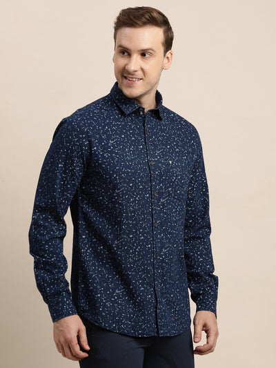 100% Cotton Indigo Blue Printed Slim Fit Full Sleeve Casual Shirt