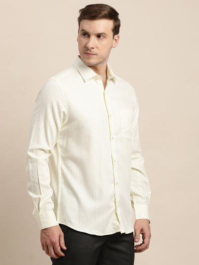 100% Cotton Cream Striped Slim Fit Full Sleeve Formal Shirt