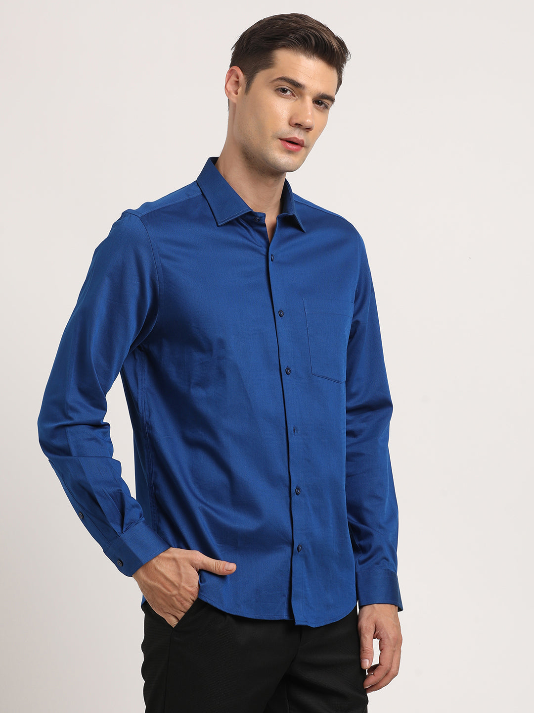 100% Cotton Blue Dobby Slim Fit Full Sleeve Formal Shirt