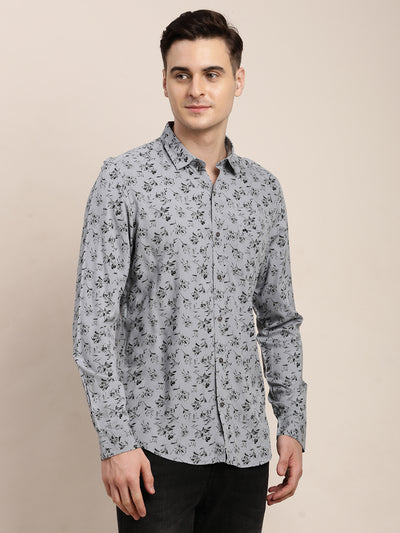 100% Viscose Grey Printed Slim Fit Full Sleeve Casual Shirt