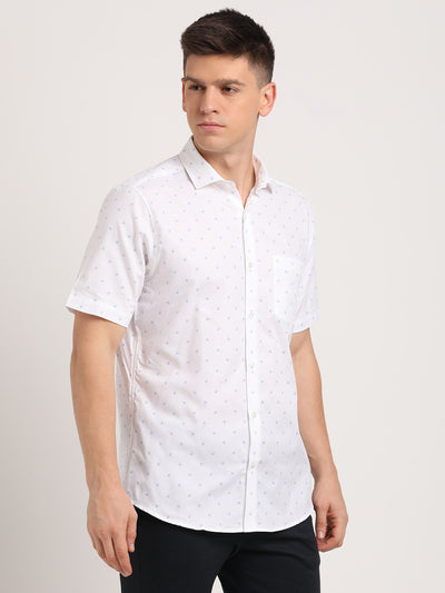 100% Cotton White Printed Slim Fit Half Sleeve Formal Shirt