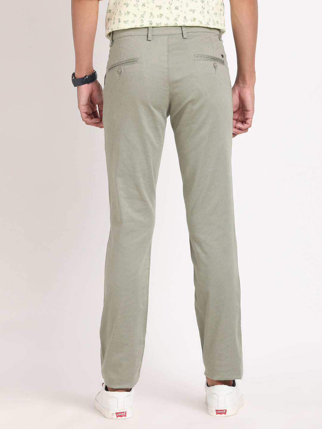 Cotton Stretch Olive Printed Ultra Slim Fit Flat Front Casual Trouser