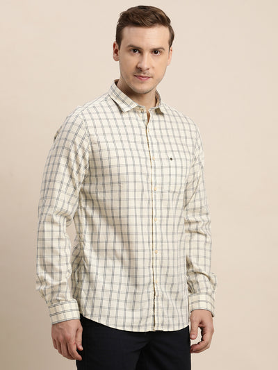 100% Cotton Cream Checkered Slim Fit Full Sleeve Casual Shirt