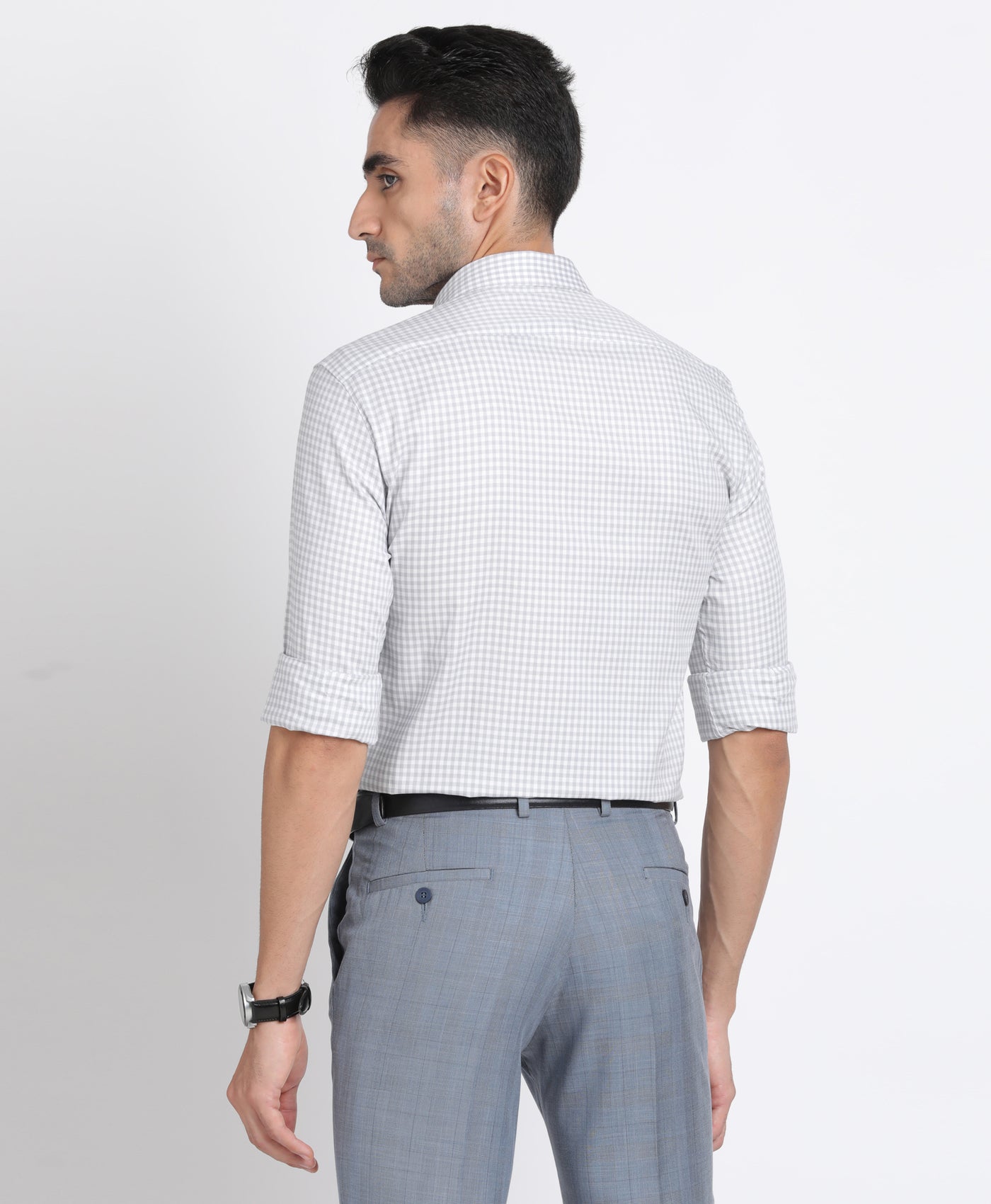 Giza Cotton Grey Checkered Regular Fit Full Sleeve Formal Shirt