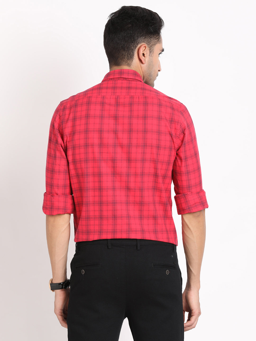 100% Cotton Red Checkered Slim Fit Full Sleeve Casual Shirt