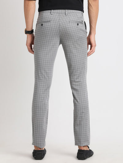 Cotton Stretch Grey Checkered Narrow Fit Flat Front Casual Trouser