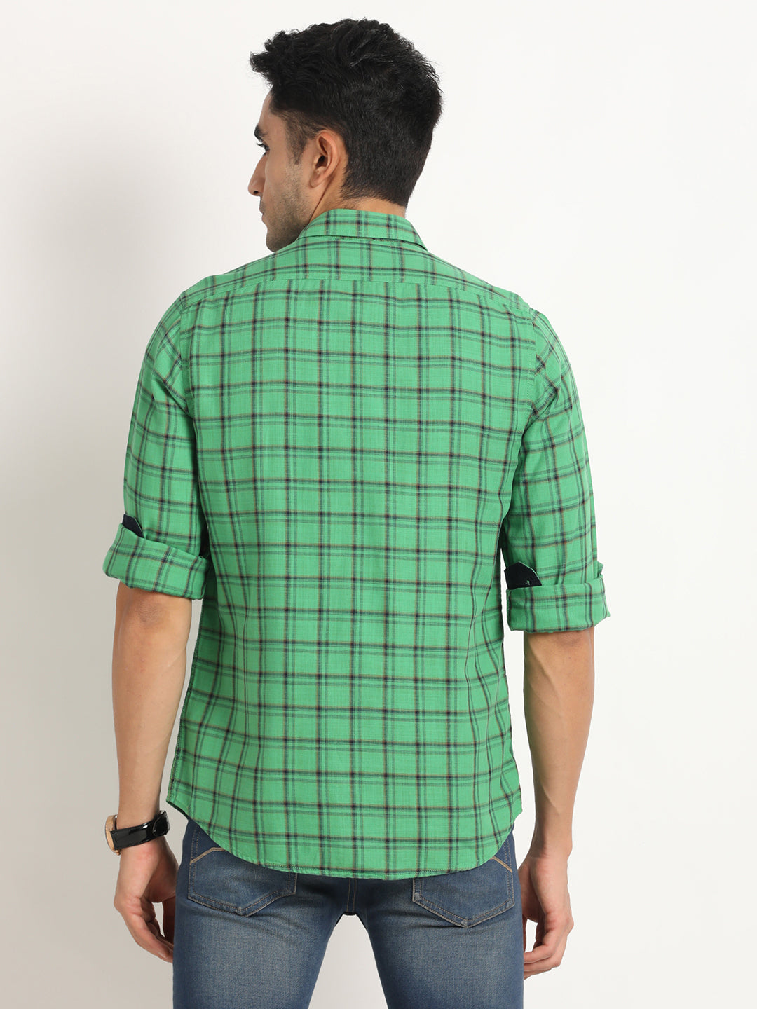 Cotton Viscose Green Checkered Slim Fit Full Sleeve Casual Shirt