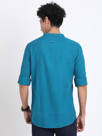 Cotton Lyocell Teal Blue Plain Slim Fit Full Sleeve Casual Shirt