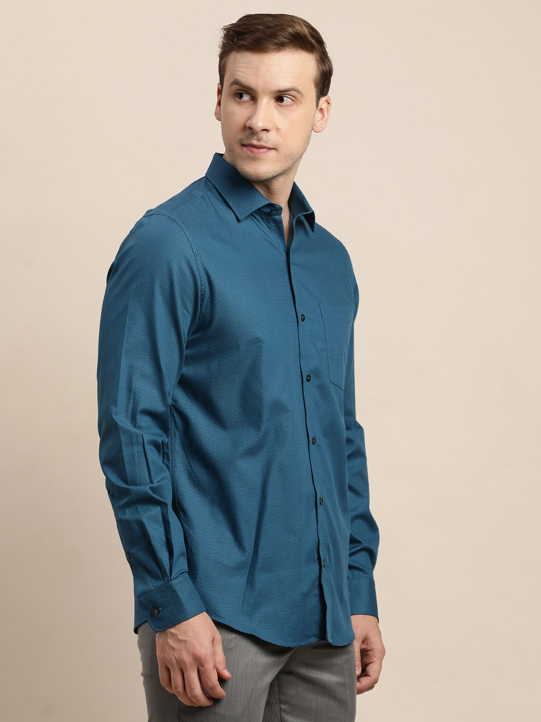 100% Cotton Green Dobby Slim Fit Full Sleeve Formal Shirt