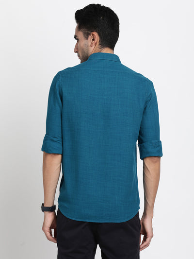 Cotton Lyocell Teal Blue Plain Slim Fit Full Sleeve Casual Shirt