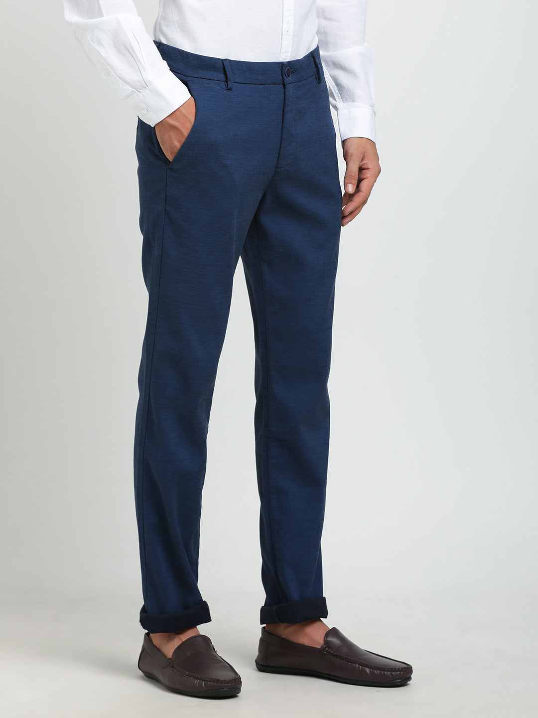 Cotton Stretch Blue Dobby Ultra Slim Fit Flat Front Casual Trouser