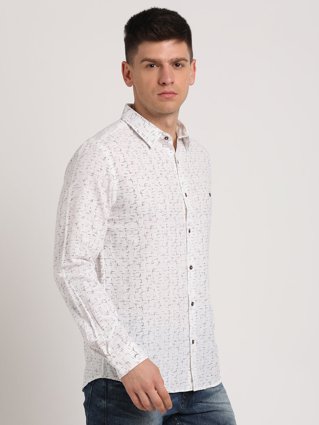 Khadi White Printed Slim Fit Full Sleeve Casual Shirt