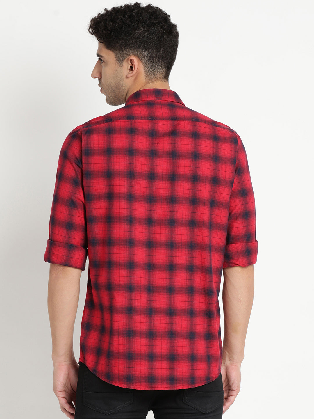 100% Cotton Red Checkered Slim Fit Full Sleeve Casual Shirt