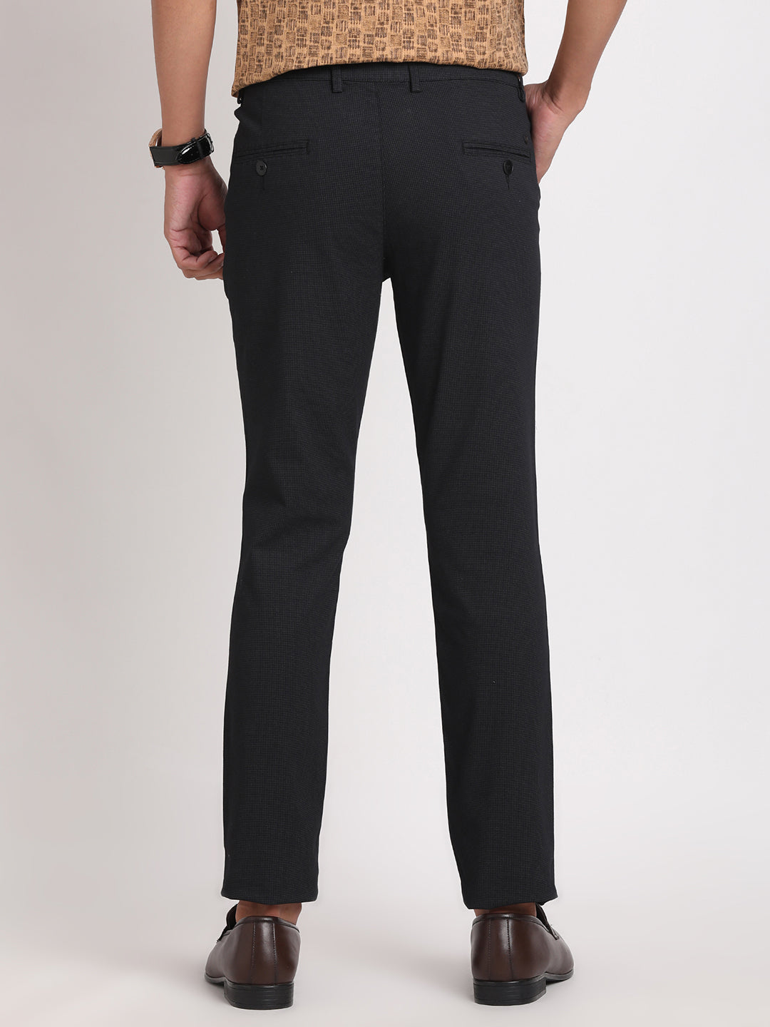 Cotton Stretch Black Printed Narrow Fit Flat Front Casual Trouser