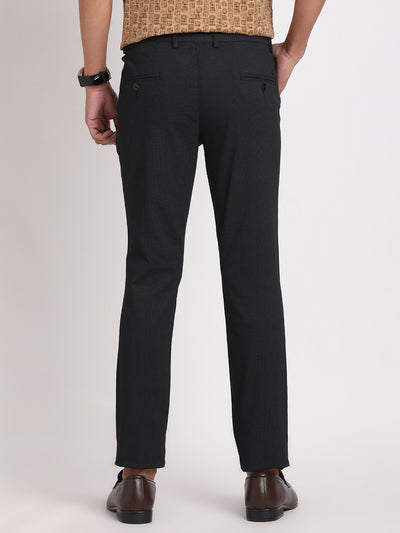 Cotton Stretch Black Printed Narrow Fit Flat Front Casual Trouser